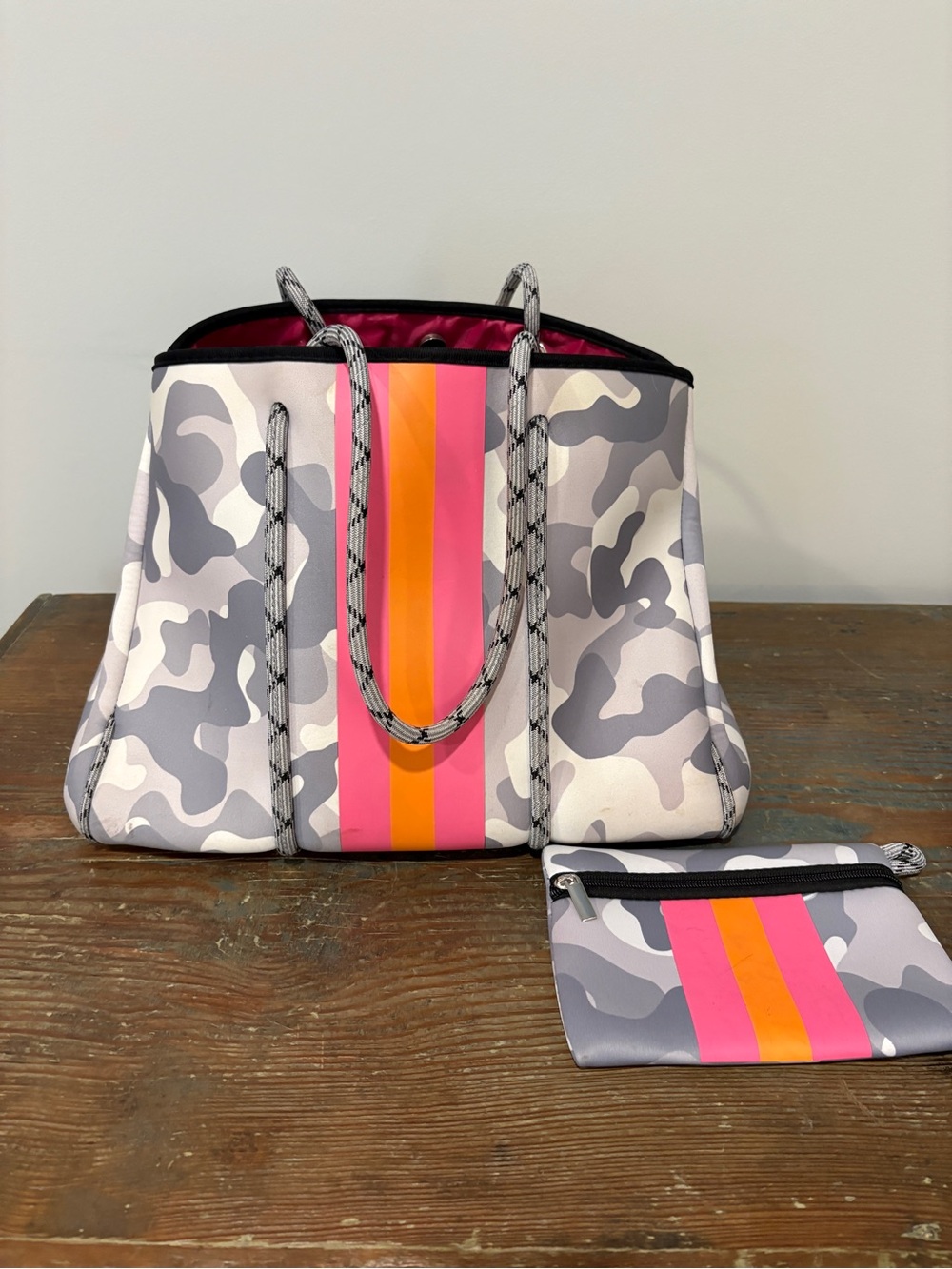 Neoprene Camo Tote with Pink & Orange Stripe